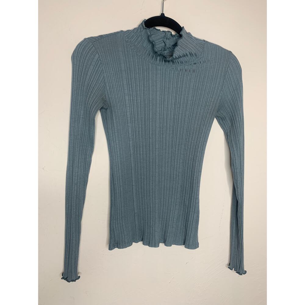 Everlane Fitted Mock Neck Top Lettuce Edge Sz Small Blue Green Tone - Picture 5 of 8
